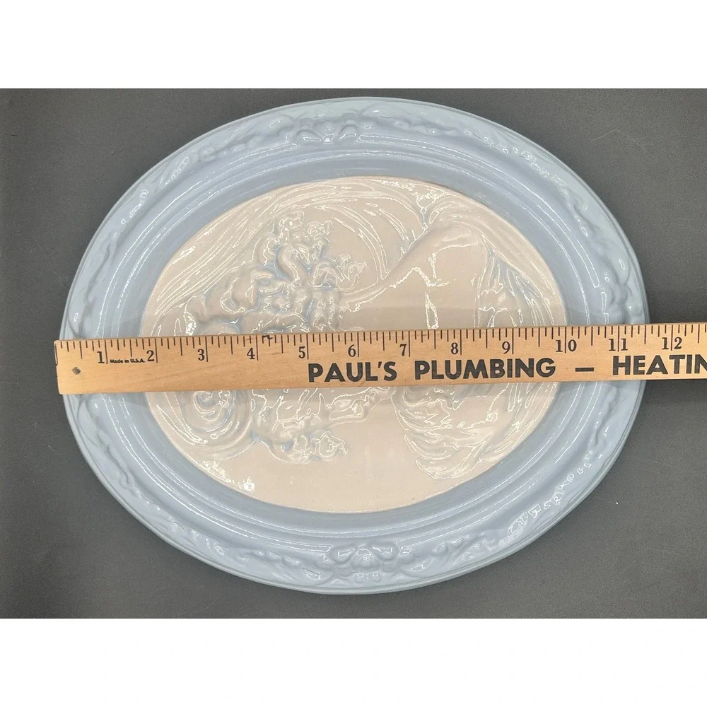 Pair Vtg Chalkware Cameo Wall Plaques Blue‎ White Oval Relief Portraits 12x10.5